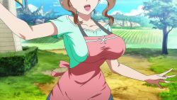 1girl animated animated_gif apron arms_(studio) bouncing_breasts breasts brown_hair highres huge_breasts kaneko_hiraku kazami_torino mature_female running screencap smile valkyrie_drive valkyrie_drive_-mermaid-