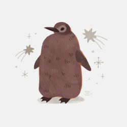 animal_focus beak bird brown_feathers commentary english_commentary feathers flippers highres no_humans odnatamyara penguin pesto_the_penguin real_life shadow shooting_star simple_background solid_oval_eyes sparkle standing twitter_username white_background