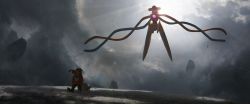 1other absurdres asteroid_ill backlighting cloud cloudy_sky deoxys deoxys_(normal) floating gen_3_pokemon grass hat highres kneeling legendary_pokemon mythical_pokemon nintendo pokemon pokemon_(creature) rock sky zigzagoon