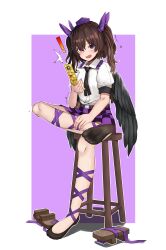 1girl absurdres black_socks black_wings brown_hair cellphone crossed_legs feet flip_phone geta hakurei_fling highres himekaidou_hatate long_hair looking_at_viewer open_mouth phone purple_eyes shoes sitting socks soles stool toes touhou twintails unworn_shoes wings