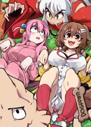 2boys 2girls :d absurdres animal_ears black_eyes bocchi_the_rock! boku_no_hero_academia bone_hair_ornament bongfill breasts brown_hair constricted_pupils crossover dog_boy dog_ears dog_girl dress fang fingernails gotoh_hitori hair_ornament highres hololive inugami_korone inugami_korone_(1st_costume) inuyasha inuyasha_(character) jacket japanese_clothes kimono kouda_kouji large_breasts long_hair looking_at_another multiple_boys multiple_crossover multiple_girls open_mouth pants paw_pose pink_hair pink_jacket pink_pants red_kimono scared sharp_fingernails smile track_jacket track_pants turn_pale virtual_youtuber white_dress white_hair yellow_eyes