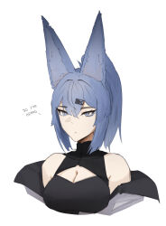 animal_ears black_shirt blue_eyes blue_hair breasts cleavage cleavage_cutout closed_mouth clothing_cutout commentary english_commentary english_text hair_ornament hairclip highres jacket jacket_partially_removed medium_breasts open_clothes open_jacket original ponytail saki_(the_atko) shirt simple_background the_atko white_background white_jacket