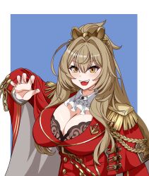 Rule 34 | 1girl, aiguillette, ascot, azur lane, black bra, bra, breasts, brown hair, cape, claw pose, cleavage, epaulettes, fangs, hair intakes, hand up, highres, lace, lace-trimmed bra, lace trim, large breasts, lion (azur lane), looking at viewer, military uniform, open mouth, orange eyes, red cape, simple background, solo, terusiopero, underwear, upper body, white ascot