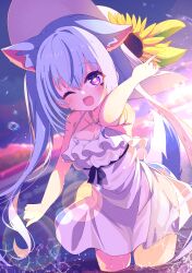 1girl absurdres animal_ears armlet bare_shoulders blue_hair blush breasts cleavage commission dress facial_mark flower hat hat_flower heart heart_facial_mark highres jewelry large_breasts looking_at_viewer open_mouth original outdoors purple_eyes shiro9jira skeb_commission smile solo star-shaped_pupils star_(symbol) sun_hat sunset symbol-shaped_pupils tail twintails wading white_dress