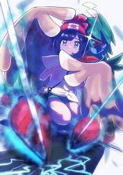 1girl arrow_(projectile) artist_name aura bag beanie black_hair blue_eyes brown_eyes commentary decidueye english_commentary gen_7_pokemon green_shorts hat highres kneeling looking_at_viewer mixed-language_commentary nintendo open_mouth pokemon pokemon_(creature) pokemon_move pokemon_sm red_hat selene_(pokemon) shadow sheyona shirt short_hair shorts shoulder_bag sparkle spirit_shackle_(pokemon) white_background winged_arms wings yellow_shirt