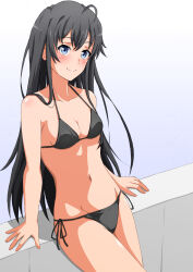1girl ahoge bikini black_bikini black_hair blue_eyes breasts cleavage closed_mouth collarbone commentary_request highres konoyan long_hair navel shadow small_breasts smile solo standing stomach swimsuit thighs yahari_ore_no_seishun_lovecome_wa_machigatteiru. yukinoshita_yukino