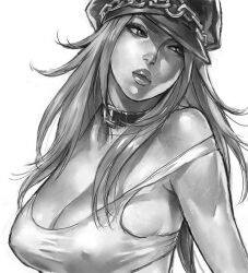 1girl breasts choker cleavage final_fight greyscale hat large_breasts lips long_hair mana30row monochrome peaked_cap poison_(final_fight) simple_background solo tank_top white_background