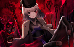 1girl black_eyes blood bloody_tears cup darkness disembodied_hand fate/grand_order fate_(series) fingernails grey_hair hat highres ironatsuki japanese_clothes kimono red_background sen_no_rikyu_(fate) sen_no_rikyu_(second_ascension)_(fate) tea yunomi