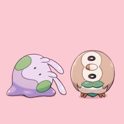 antennae beak black_eyes closed_mouth full_body gen_6_pokemon gen_7_pokemon goomy head_tilt highres looking_at_viewer nintendo no_humans numera_goomy pink_background pokemon pokemon_(creature) rowlet simple_background solid_oval_eyes