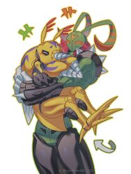 Rule 34 | closed eyes, colored skin, confeito000 333, cowboy shot, digimon, digimon (creature), digimon adventure 02, digmon, drill, green skin, highres, hug, insect wings, simple background, stingmon, white background, wings