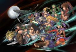 1990s_(style) 6+boys 6+girls aerith_gainsborough aircraft airship barret_wallace cain_highwind cecil_harvey celes_chere cloud_strife edward_geraldine everyone final_fantasy final_fantasy_iv final_fantasy_vi final_fantasy_vii flying green_hair highres highwind locke_cole multiple_boys multiple_girls aged_up palom porom red_xiii retro_artstyle rosa_farrell rydia_(ff4) tifa_lockhart tina_branford yorisuke yuffie_kisaragi