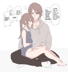 1boy 1futa bar_censor brother_and_sister brown_eyes brown_hair censored dress english_text futa_with_male futanari handjob incest nanatsumugi original siblings sleeveless sleeveless_dress translated white_background