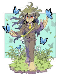 Rule 34 | 1boy, barefoot, blue butterfly, blush, brown jacket, brown pants, bug, bug cage, butterfly, collared shirt, danganronpa (series), danganronpa v3: killing harmony, eyelashes, fang, flower, glasses, gokuhara gonta, green hair, highres, insect, jacket, kumakoro (tetsupag), long sleeves, looking at viewer, male focus, messy hair, necktie, open mouth, orange eyes, pants, shirt, toenails, white flower, yellow necktie