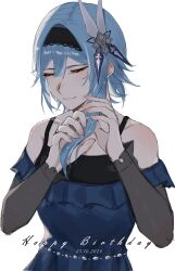 1girl 4reiji absurdres bare_shoulders black_hairband black_shirt blue_dress blue_hair blush closed_eyes closed_mouth commentary dated detached_sleeves dress english_commentary english_text eula_(genshin_impact) fingernails frilled_dress frills genshin_impact grey_sleeves hair_between_eyes hair_ornament hairband happy_birthday highres holding holding_own_hair lace-trimmed_hairband lace_trim long_sleeves medium_hair shirt simple_background smile solo upper_body white_background