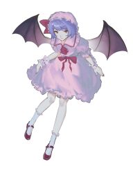 1girl ascot bat_wings blue_hair brooch capybara_(trafficcone09) dress frilled_socks frills hat hat_ribbon highres jewelry mob_cap pink_dress pink_hat red_ascot red_shoes remilia_scarlet ribbon shoes short_hair socks solo touhou white_background wings wrist_cuffs