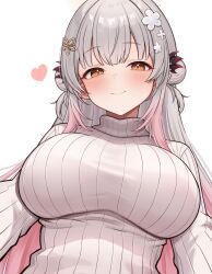 1girl absurdres blush breasts closed_mouth commentary_request daysss double_bun flower grey_hair hair_bun hair_flower hair_ornament hairclip headgear heart highres indie_virtual_youtuber large_breasts long_hair long_sidelocks looking_at_viewer pink_hair ribbed_sweater side_up_bun sidelocks simple_background smile solo suou_patra sweater taut_sweater turtleneck turtleneck_sweater upper_body virtual_youtuber white_background white_sweater