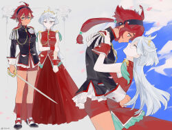 2girls absurdres ahoge aiguillette antenna_hair arched_back arm_at_side arm_up arms_at_sides arms_behind_back black_hairband black_jacket black_shoes blue_background blue_eyes bow breast_pocket breasts buttons clenched_hand clip_studio_paint_(medium) closed_mouth commentary_request corsage cosplay dress epaulettes eye_contact face-to-face falling_petals flipped_hair flower footwear_bow from_side gold_tiara green_brooch grey_background grey_eyes grey_hair gundam gundam_suisei_no_majo hair_between_eyes hair_tie hairband hand_on_another&#039;s_shoulder hand_on_own_arm high-waist_shorts highres himemiya_anthy himemiya_anthy_(cosplay) holding holding_sword holding_weapon hug interlocked_fingers jacket jh kneehighs leaning_on_person light_frown lips long_hair looking_at_another looking_at_viewer looking_down looking_up low_ponytail miorine_rembran multicolored_shoes multiple_girls multiple_views own_hands_together parted_lips petals pleated_dress pocket ponytail profile red_bow red_dress red_hair red_shorts red_socks red_wrist_cuffs rose shoes shorts shoujo_kakumei_utena shoulder_pads side-by-side sleeveless sleeveless_dress socks standing suletta_mercury sword sword_of_dios tassel tenjou_utena tenjou_utena_(cosplay) thick_eyebrows twitter_username two-tone_shoes very_long_hair weapon white_flower white_rose white_shoes white_sleeve_cuffs white_undershirt wrist_cuffs yuri