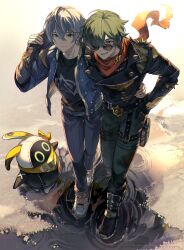 2boys ahoge aketohgo arm_around_shoulder artist_name bandana bangboo_(zenless_zone_zero) belt black_belt black_boots black_gloves black_jacket black_shirt bloom blue_jacket blue_pants boots closed_mouth commentary_request crossed_bangs eous_(zenless_zone_zero) gloves green_eyes grey_hair grey_pants hair_between_eyes hair_over_one_eye hand_in_pocket hand_on_another&#039;s_shoulder hand_on_another&#039;s_waist hand_up highres jacket layered_sleeves leather leather_jacket lighter_(zenless_zone_zero) long_sleeves looking_at_viewer lower_teeth_only male_focus multiple_boys one_eye_covered open_clothes open_jacket open_mouth orange_bandana outdoors pants parted_bangs pouch print_shirt puddle red_scarf ripples scarf shirt shoes short_hair short_over_long_sleeves short_sleeves smile sneakers spiked_jacket spikes standing sunglasses sunlight teeth thigh_pouch thigh_strap torn_clothes torn_scarf twitter_username water watermark white_shoes wise_(zenless_zone_zero) zenless_zone_zero zipper zipper_pull_tab