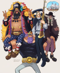 2022 5boys apple bad_food bandana beard behind_another black_hair bowl brown_hair cape carrying clenched_teeth coat dark-skinned_male dark_skin dated doc_q earrings eating eye_mask facial_hair fat fat_man food fruit gloves glowing grey_hair grin gun handgun hat helmet highres holding holding_bowl holding_weapon horse jesus_burgess jewelry long_hair long_nose long_sleeves looking_at_viewer looking_to_the_side male_focus manly marshall_d._teach mask mature_male meat medium_hair missing_tooth multiple_boys muscular one_piece open_mouth pie pirate pirate_hat pistol purple_hair rifle shirt short_hair skull_and_crossbones smile stronger_(one_piece) sweat teeth thinking top_hat twitter_username upper_body v van_augur very_long_hair weapon wrestling_mask youkan_(tako)