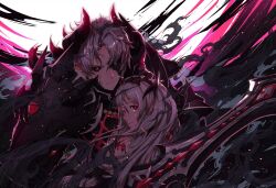 1boy 1girl armor artist_request black_armor black_sclera colored_sclera commentary commentary_request crying crying_with_eyes_open dark_lord_kasel_(king&#039;s_raid) dark_persona demon_horns english_commentary fallen_frey_(king&#039;s_raid) frey_(king&#039;s_raid) grey_hair highres holding holding_sword holding_weapon horns kasel_(king&#039;s_raid) king&#039;s_raid korean_commentary long_hair official_art purple_eyes red_eyes second-party_source short_hair single_tear spiked_armor sword tears weapon