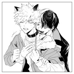 Rule 34 | 2boys, animal ears, arms up, bakugou katsuki, belt collar, biting, blood, bloodshot eyes, boku no hero academia, border, burn scar, cape, chain, clenched hands, clenched teeth, collar, commentary request, crew neck, fangs, fingernails, fur-trimmed jacket, fur trim, greyscale, hand on another&#039;s arm, heterochromia, highres, jacket, long sleeves, looking ahead, looking at another, male focus, monochrome, multicolored hair, multiple boys, neck biting, neminemisho, official alternate costume, one eye closed, scar, scar on face, sharp fingernails, shirt, short hair, spiked hair, split-color hair, sweat, teeth, todoroki shoto, upper body, vampire, wide-eyed