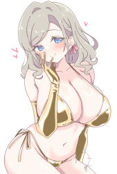 1girl absurdres alternate_costume bare_shoulders bikini blue_eyes breasts ceras_yanagida_lilienfeld cleavage collarbone commentary_request cowboy_shot elbow_gloves gloves gold_bikini gold_gloves golden_week golden_week_bikini grey_hair hair_intakes hair_ribbon hand_up heart highres huge_breasts invisible_chair large_breasts link!_like!_love_live! looking_at_viewer love_live! pink_ribbon ribbon rokoroko_65 side-tie_bikini_bottom simple_background sitting solo string_bikini swimsuit virtual_youtuber wavy_hair white_background