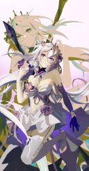 1girl absurdres bare_shoulders bigchaping black_tiara breasts bug butterfly butterfly_on_hand castorice_(honkai:_star_rail) clothing_cutout commentary_request crossed_bangs dress elbow_gloves flower flower_ornament garter_straps gloves grey_thighhighs hair_between_eyes hair_flower hair_ornament hand_up highres honkai:_star_rail honkai_(series) insect knee_up long_hair looking_up multicolored_hair nail_polish parted_lips purple_butterfly purple_eyes purple_flower purple_gloves purple_hair purple_nails single_elbow_glove single_glove sleeveless sleeveless_dress standing standing_on_one_leg strapless strapless_dress thighhighs tiara toenail_polish toenails two-tone_hair very_long_hair white_background white_dress white_hair