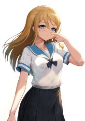 1girl absurdres alternate_hairstyle black_bow black_skirt blonde_hair blue_eyes bow breast_pocket breasts closed_mouth expressionless greem_bang hayasaka_ai highres kaguya-sama_wa_kokurasetai_~tensai-tachi_no_renai_zunousen~ long_hair looking_at_viewer medium_breasts photoshop_(medium) pleated_skirt pocket school_uniform serafuku short_sleeves skirt smithee_a._haysaca solo
