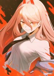 1girl black_necktie blood blush breasts chainsaw_man collared_shirt commentary crosshair_pupils english_commentary grin hair_between_eyes highres horns jacket long_hair looking_at_viewer medium_breasts necktie official_art open_clothes open_jacket pink_hair power_(chainsaw_man) red_horns renkkai sharp_teeth shirt signature smile solo teeth upper_body very_long_hair white_shirt