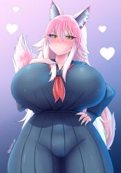 Rule 34 | 1girl, absurdres, alternate breast size, animal ears, artist name, blue background, blue shirt, blue skirt, blush, breasts, claws, closed mouth, collarbone, cowboy shot, curvy, eyebrows, eyelashes, female focus, from below, gradient background, hand on own chest, hand on own hip, hassylep, highres, huge breasts, long hair, long sleeves, looking at viewer, looking down, murenase! shiiton gakuen, naughty face, neckerchief, okami feriru, pink background, pink hair, red neckerchief, school uniform, shirt, simple background, skirt, smile, smug, solo, standing, tail, tall female, two-tone background, wolf ears, wolf girl, wolf tail, yellow eyes