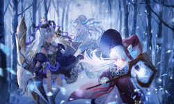 3girls arrow_(projectile) black_dress black_hat blue_dress blue_eyes bow_(weapon) character_request coat dress hat highres hitokoto holding holding_arrow holding_bow_(weapon) holding_staff holding_weapon long_hair long_sleeves looking_at_viewer multiple_girls red_coat red_eyes red_hat revived_witch snow snowing staff tree weapon white_hair witch witch_(revived_witch) witch_hat