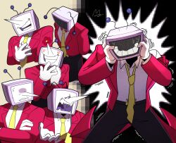 1boy ant_tenna arms_behind_back black_pants blush_stickers clutching_head collared_shirt crt deltarune fangs flower gloves hands_on_own_head hashtag-only_commentary highres lisa77494 male_focus multiple_views necktie object_head open_mouth pants pointy_nose shirt signature static sweat tailcoat teeth trembling white_gloves white_shirt yellow_necktie