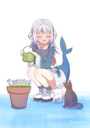 1girl absurdres animal_costume blue_hair blue_socks blush cat closed_eyes fins fish_tail flower gawr_gura gawr_gura_(1st_costume) hair_ornament highres hololive hololive_english medium_hair multicolored_hair open_mouth plant potted_plant shark_costume shark_girl shark_hair_ornament shark_tail sharkudon sharp_teeth shoes smile socks solo streaked_hair tail teeth two_side_up upper_teeth_only virtual_youtuber white_hair white_shoes