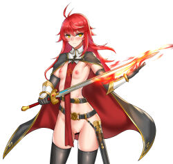 1girl armor belt black_cape black_gloves black_thighhighs blush breasts cape casual_nudity censored cermia_(epic_seven) epic_seven female_focus female_knight fire flaming_weapon gauntlets gloves highres knight long_hair looking_at_viewer nipples pussy red_cape red_hair reverse_outfit scabbard sheath simple_background small_breasts solo standing sword thighhighs vvv_(vvv98048917) warrior weapon yellow_eyes