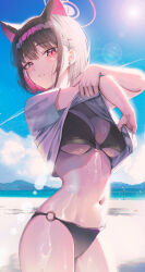 1girl absurdres alternate_costume animal_ears bikini bikini_under_clothes blue_archive blue_sky blurry blush bokeh breasts cat_ears cat_girl cleavage cloud cloudy_sky colored_inner_hair commentary_request day depth_of_field domi_(hongsung0819) earrings extra_ears highres jewelry kazusa_(blue_archive) korean_commentary looking_at_viewer medium_breasts multicolored_hair navel o-ring o-ring_bottom outdoors pink_eyes pink_hair shirt short_hair short_sleeves skindentation sky solo stomach stud_earrings swimsuit thighs underboob undressing white_shirt