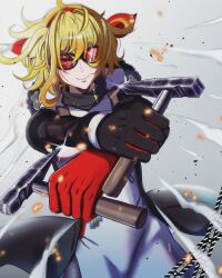 &gt;:) 1girl black_coat black_scarf black_sleeves blonde_hair blush bow closed_mouth coat coat_partially_removed commentary dress dual_wielding english_commentary eyewear_on_head fur_collar gloved_sleeves gloves hair_bow hairband hammer highres hoarah_lux holding holding_hammer hololive hololive_indonesia kaela_kovalskia kaela_kovalskia_(1st_costume) long_dress long_sleeves looking_at_viewer mallet medium_hair pantyhose red-tinted_eyewear red_bow red_eyes red_gloves red_hairband scarf side_slit single_glove smile solo sunglasses swept_bangs tinted_eyewear v-shaped_eyebrows virtual_youtuber white_dress wind