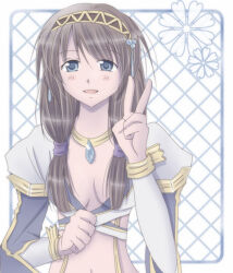 1girl blue_background blue_eyes blush breasts brown_hair brown_hairband commentary_request crop_top dated_commentary hair_tubes hairband jewelry long_hair long_sleeves looking_at_viewer medium_breasts navel necklace open_mouth pearl_hair_ornament ragnarok_online sharari shirt sidelocks smile solo suspenders upper_body v warlock_(ragnarok_online) white_background white_shirt