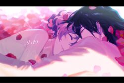1boy 1girl anniversary bare_shoulders black_hair closed_eyes commentary_request couple dated detached_sleeves dress grey_hair hetero jacket letterboxed light lying mosako nia_teppelin on_side petals short_hair simon_(ttgl) tengen_toppa_gurren_lagann upper_body vanilla white_dress white_jacket