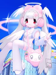 1girl angel ankle_wings apple_inc. artist_name bag blue_shoes bodysuit cleavage_cutout clothing_cutout cyber_fashion detached_sleeves digital_media_player english_text grey_hair halo handbag head_wings headphones highres ipod ipod_nano looking_at_viewer original pink_headphones planet red_eyes rinihimme shoes sitting solo star_(symbol) tamagotchi tamagotchi_(classic) tamagotchi_(virtual_pet) thighhighs wings zettai_ryouiki