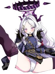 1girl ahoge armband black_coat black_gloves black_halo black_skirt black_thighhighs blue_archive coat coat_on_shoulders demon_girl demon_horns gloves halo highres hina_(blue_archive) horns kame_0_0_kame long_hair looking_at_another open_mouth panties purple_eyes red_armband simple_background sitting skirt thighhighs underwear white_background white_hair white_panties