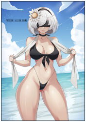1girl 2b_(nier:automata) absurdres aelion_draws bare_arms bare_shoulders bikini bird black_bikini black_hairband blindfold border breasts closed_mouth cloud collarbone cowboy_shot flock flower gluteal_fold grey_hair hair_flower hair_ornament hairband highres legs_apart lipstick makeup medium_breasts mole mole_under_mouth navel nier:automata nier_(series) ocean outdoors patreon_username sash shadow sky smile solo string_bikini swimsuit thick_thighs thighs white_bird white_border white_hair wide_hips