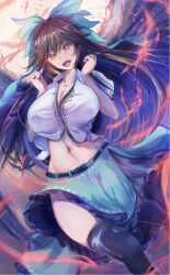 Rule 34 | 1girl, belt, bird wings, black hair, black sun, black thighhighs, black wings, bow, breasts, brown eyes, cleavage, commentary request, green bow, green skirt, hair bow, highres, large breasts, long hair, looking at viewer, midriff, navel, niradama (nira2ratama), open mouth, reiuji utsuho, skirt, solo, sun, thick thighs, thighhighs, thighs, third eye, touhou, variant set, wings