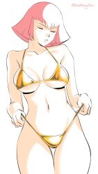 1girl bikini bob_cut breasts closed_eyes closed_mouth cowboy_shot david_huang gold_bikini gundam haman_karn highres holding holding_swimsuit holding_unworn_clothes medium_breasts medium_hair navel pink_hair signature solo swimsuit twitter_username unworn_swimsuit white_background