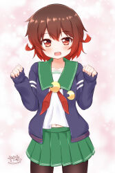 1girl black_pantyhose blue_jacket brown_hair crescent crescent_pin gradient_hair green_sailor_collar green_skirt highres jacket kantai_collection looking_at_viewer multicolored_hair mutsuki_(kancolle) mutsuki_kai_ni_(kancolle) open_mouth pantyhose paw_pose red_eyes red_hair sailor_collar school_uniform serafuku shirt short_hair skirt solo white_shirt zanne