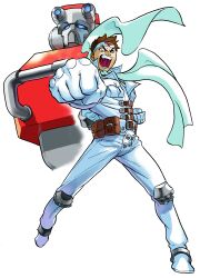 Rule 34 | 1990s (style), 1998, 1boy, absurdres, bengus, brown hair, bx-02 blodia, capcom, cyberbots, fist pump, furrowed brow, game cg, headband, highres, looking at viewer, male focus, marvel, marvel vs. capcom, mecha, muscular, non-web source, official art, open mouth, retro artstyle, roaring, robot, saotome jin, solo, spikes, variant armor, white headband