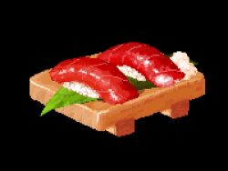 black_background fish_(food) food food_focus highres hisachan55cute leaf nigirizushi no_humans original pixel_art rice sashimi scenery simple_background sushi sushi_geta