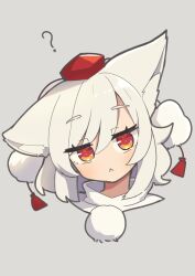 1girl :&lt; ? animal_ear_fluff animal_ears closed_mouth commentary_request cropped_shoulders grey_background grey_hair hair_between_eyes hat head_tilt highres inubashiri_momiji looking_at_viewer mini_hat red_eyes red_hat saisoku_no_yukkuri shirt simple_background solo tokin_hat touhou turtleneck turtleneck_shirt white_shirt wolf_ears