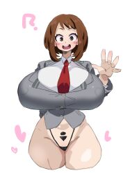 1girl akan_mori black_panties boku_no_hero_academia breasts brown_hair cameltoe female_focus huge_breasts looking_at_viewer necktie open_mouth panties pubic_tattoo red_necktie salute school_uniform short_hair solo standing tattoo thick_thighs thighs underwear uraraka_ochako white_background wide_hips