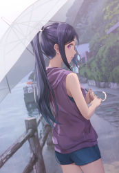 1girl bare_arms blue_shorts blurry blurry_background breasts building cowboy_shot day high_ponytail highres holding holding_umbrella long_hair looking_at_viewer looking_back love_live! love_live!_sunshine!! matsuura_kanan medium_breasts outdoors parted_lips ponytail purple_eyes purple_hair purple_shirt shamakho shirt short_shorts shorts sidelocks signature sleeveless sleeveless_shirt solo_focus thighs tree umbrella