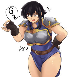 1girl :d absurdres armor arumi_hii bare_legs belt black_hair blush breastplate breasts fingerless_gloves fire_emblem fire_emblem:_genealogy_of_the_holy_war gloves hand_on_own_hip highres larcei_(fire_emblem) medium_breasts muscular muscular_female nintendo open_mouth popped_collar purple_tunic short_hair shoulder_armor sidelocks sleeveless smile solo thick_thighs thighs tomboy tunic white_background